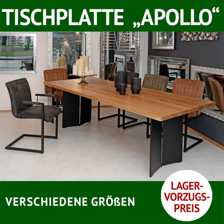 Esstisch Massivholz Platte APOLLO, Ureiche massiv, grob geschliffen, Tischuntergestell CHIC, Metall, schwarz