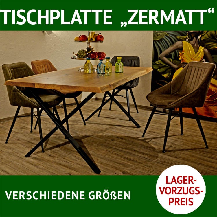 Esstisch mit Baumkante, Massivholzplatte ZERMATT, Tischuntergestell XAVER, Rohstahl, schwarz pulverbeschichtet, Esszimmer Stühle RON