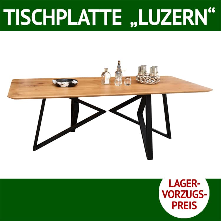 Esstisch mit Schweizer Kante LUZERN, Wildeiche, massiv, Tischuntergestell BERT, 4-teilig, Metall, schwarz pulverbeschichtet