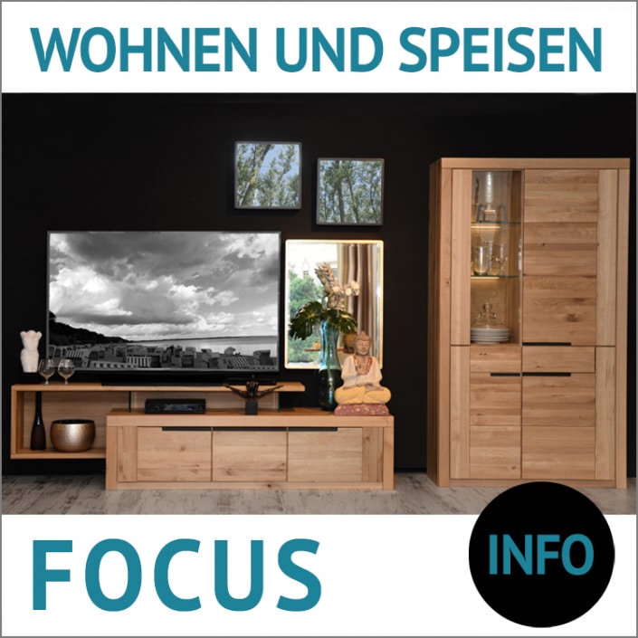 Wohnzimmer Möbel FOCUS, Wildeiche massiv, Roheffekt geölt – Griffleiste in Rohstahl, Lisenen eckig, 20 mm