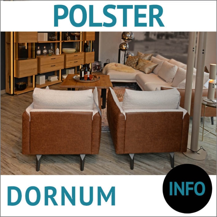 Ecksofa DORNUM, 2-farbig bezogen, 2 Einzelsessel, 2,5-Sitzer und Longchair, Regalsystem LUMBER, Eiche Massivholz, Roheffekt geölt mit Schubladen- und Schrankelementen, LED beleuchtet