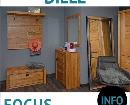 Garderobenmöbel FOCUS, Wandgarderobe mit Hutablage, Schuhschrank, Spiegel, Bank, Ureiche massiv geölt, Hirnholzapplikation, Griff: Rohstahl, Lisenen eckig, 40 mm