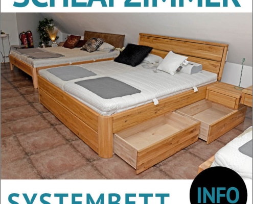 Bett mit Stauraum aus Massivholz SYSTEMBETT, verschiedene Holzarten verfügbar, mit oder ohne Schubkästen