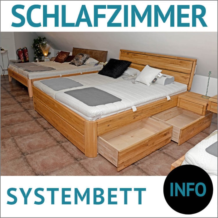 Bett mit Stauraum aus Massivholz SYSTEMBETT, verschiedene Holzarten verfügbar, mit oder ohne Schubkästen