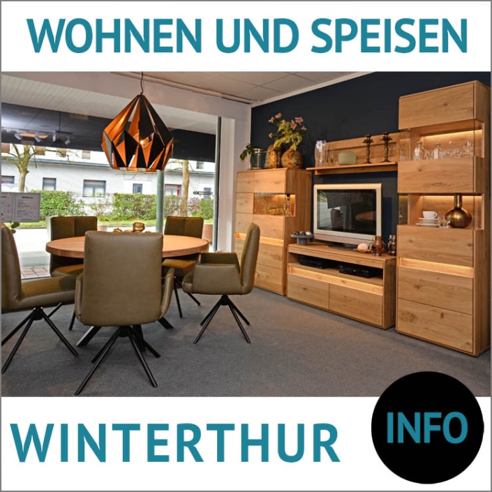 Wohn- und Speisezimmermöbel WINTERTHUR, Wildeiche massiv, Roheffekt geölt, Applikationen und sichtbare Rückwände in Eiche, gebürstet, Highboard, TV- und Wandboard, Vitrine, Systemstuhl IDA, Bezug Mikrofaser + Webstoff Kombination, runder Tisch MINERVA, Balkeneiche, grob geschliffen, Untergestell SPIDER, Rohstahl, schwarz pulverbeschichtet