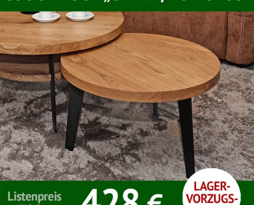 runder Couchtisch Holz, Tischplatte CARNA, Balkeneiche massiv, Untergestell ROMULUS, 3-teilig, Metall, schwarz