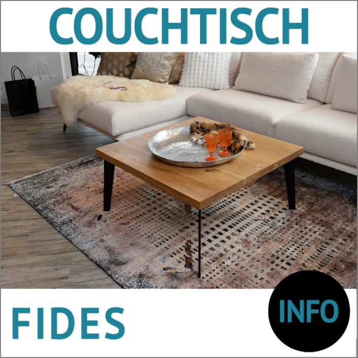 Couchtisch Massivholz FIDES, 80x80 cm, Balkeneiche massiv, Untergestell ROMULUS, Metall, Garnitur DORNUM, kombinierter Bezug