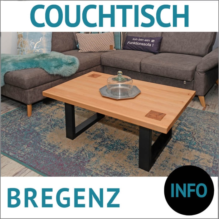 Couchtisch aus Massivholz BREGENZ, Kernbuche massiv, geölt, Hirnholzeinsätze, Kufen schwarz lackiert, Eckgarnitur BERGEN