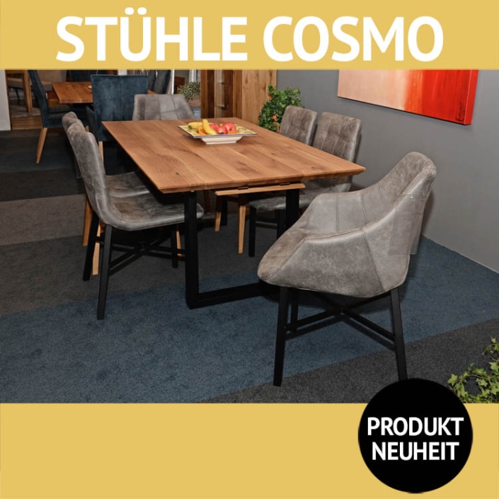 Esszimmerstuhl mit Armlehne COSMO, Metall, Esstisch ALM Stuhl und Armlehnstuhl COSMO, Holz, Esstisch ALM, Wildeiche massiv, geölt, 180(228) x 100 cm mit schwenkbarem Auszug, Highboard ODESSA, Wildeiche massiv, natur geölt, Fronten mit Hirnholz-Elementen
