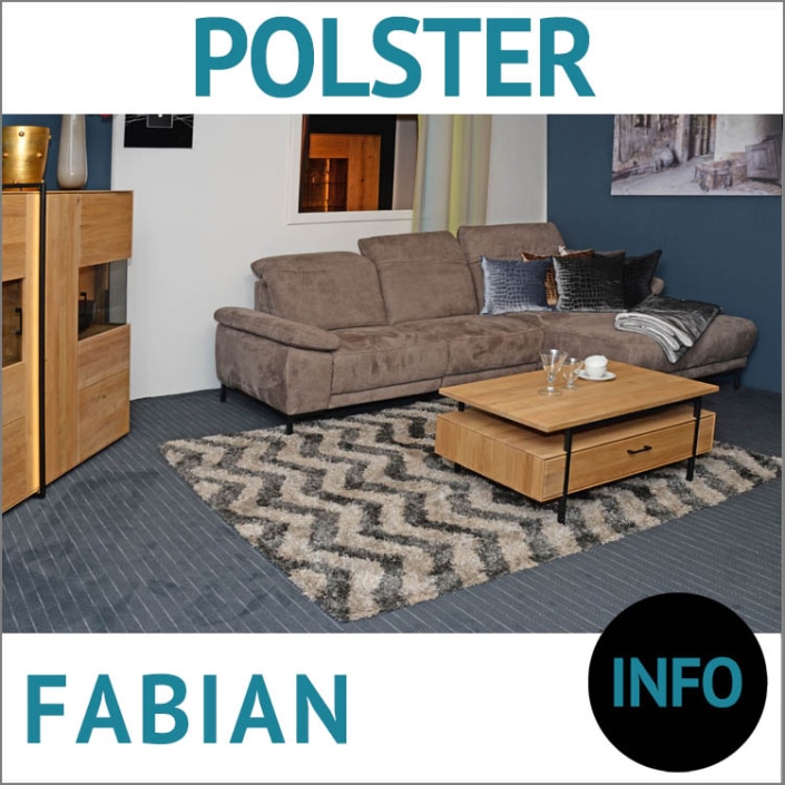 FABIAN Sofa mit Relax-Funktion,, LUMBER, Eiche massiv, Roheffekt geölt, Highboard, Couchtisch