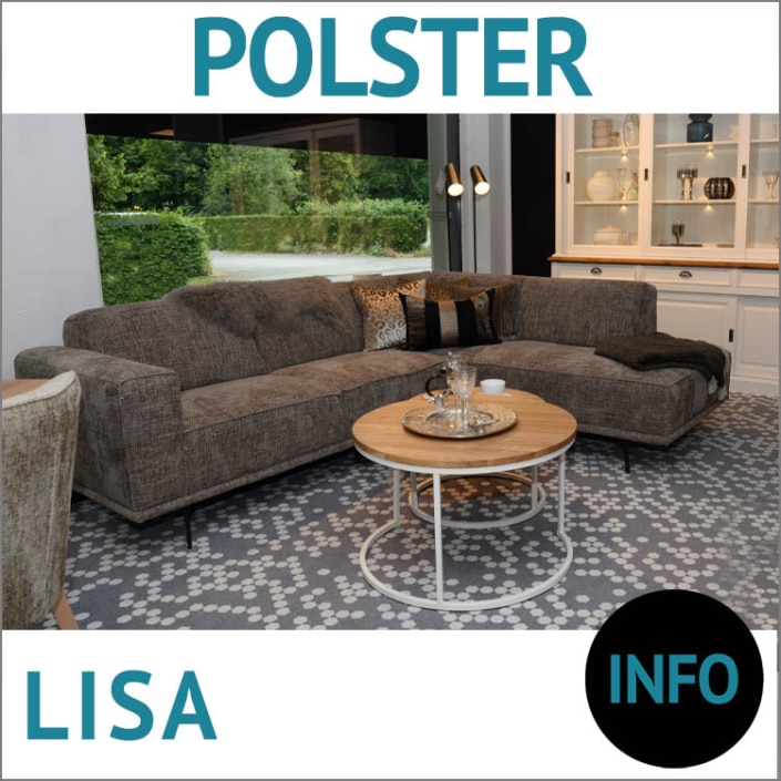 Couch l-Form LISA, Bezug: Webstoff, Füße: Metall, schwarz pulverbeschichtet, Beistelltische SISTERS WHITE, Wildeiche, Natur, Ölwachs, Fußgestell Metall, weiß, Kombi aus 2 Höhen, Büffetschrank PROVENCE, Birke/MDF lackiert in RAL9010, Deckplatte in Wildeiche massiv, geölt