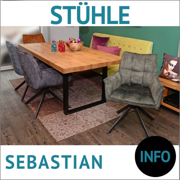 Drehstuhl Esszimmer SEBASTIAN, Bezug: Adore, Fuß: Metall, schwarz pulverbeschichtet, Esstisch ROM, Ureiche massiv, natur geölt, Sofabank CAROLINA