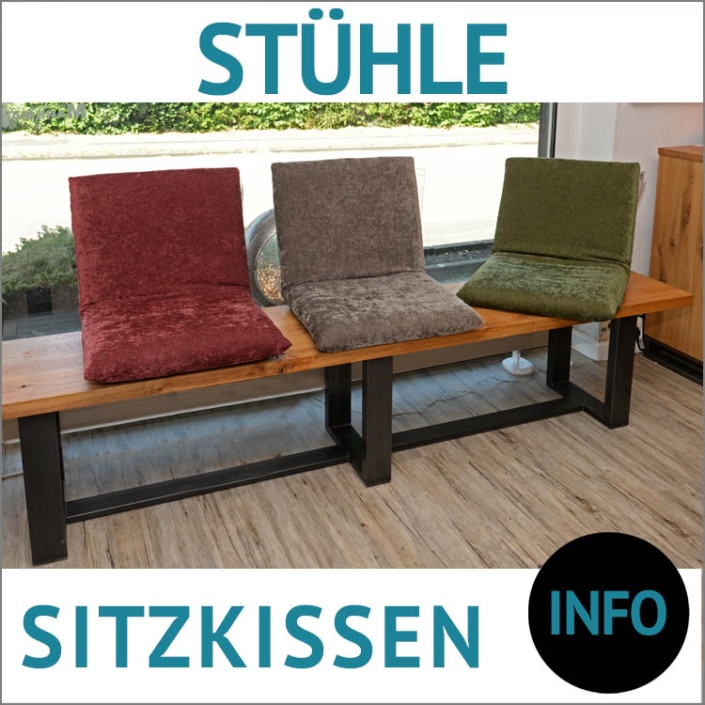 Sitzkissen mit Funktion ANGELA: v.l. weinrot Stoff, grau-braun Stoff, quitte Stoff, Sitzbank TURIN