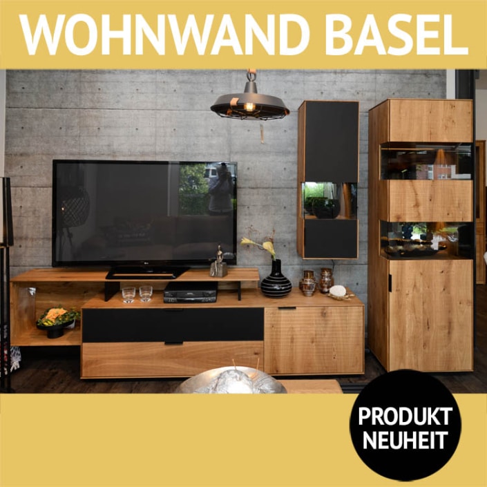 Wohnwand Wildeiche massiv, Anthrazitglas BASEL
