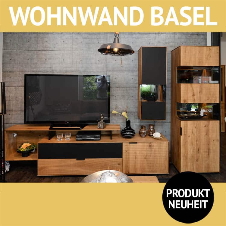 Wohnwand Wildeiche massiv, Anthrazitglas BASEL