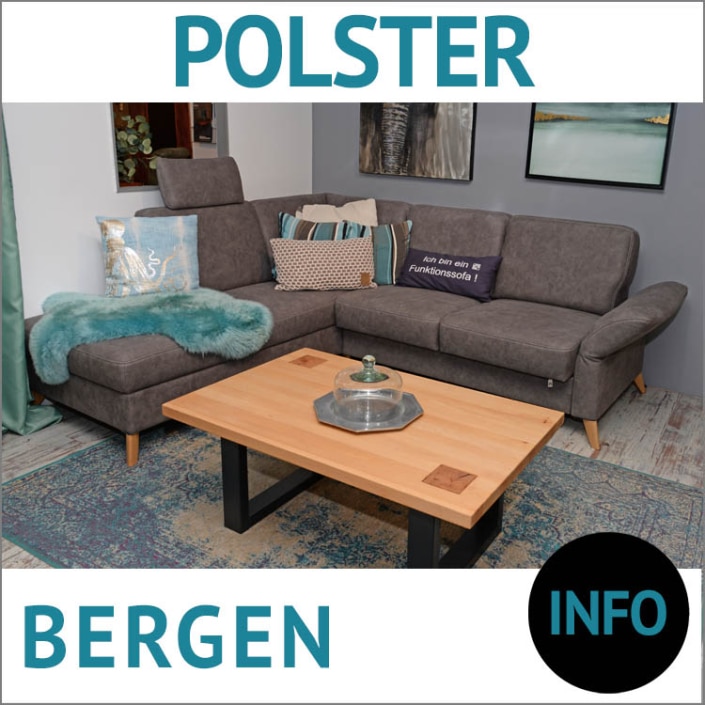 BERGEN, Sofa mit Relaxfunktion,, Couchtisch aus Massivholz BREGENZ, Kernbuche massiv,