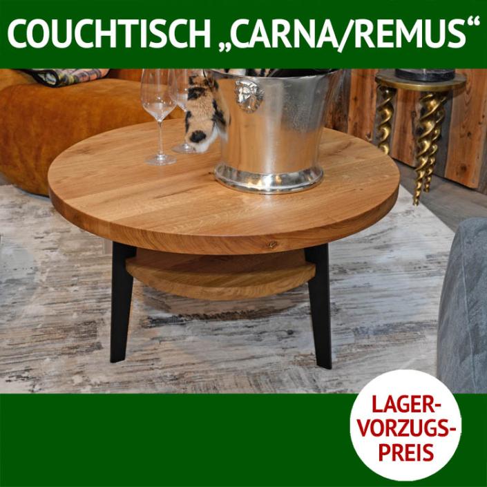 runder Couchtisch Holz, Tischplatte CARNA mit Ablage, Balkeneiche, grob geschliffen, massiv, Untergestell REMUS, 3-teilig, Metall, schwarz pulverbeschichtet