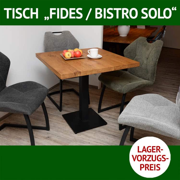 Esstisch Massivholz, Tischplatte FIDES, Wildeiche, massiv, Tischuntergestell BISTRO-SOLO, Metall, schwarz, Lagerware, Freischwinger JOANA