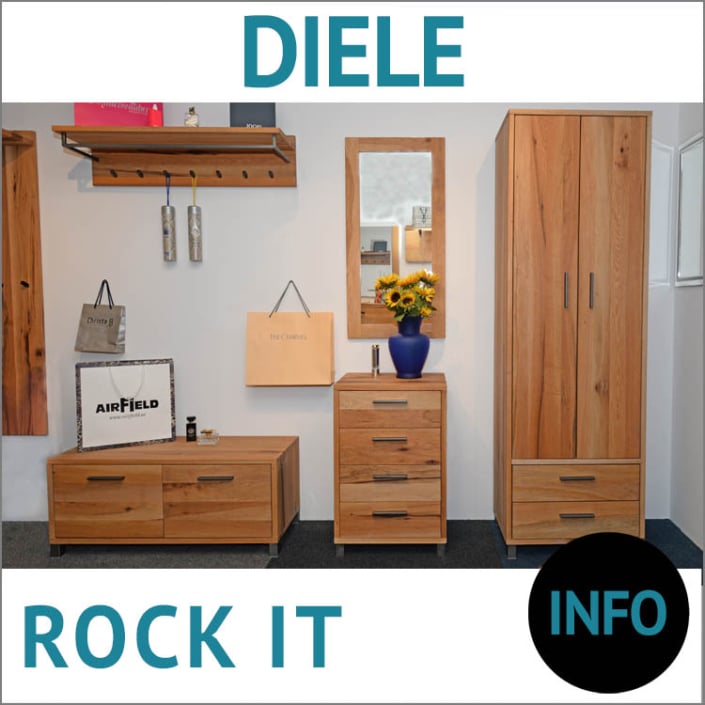 Garderobe modern ROCK-IT, Balkeneiche massiv, Schubkastenbank, Hutablage, Kommode, Spiegel, Dielenschrank