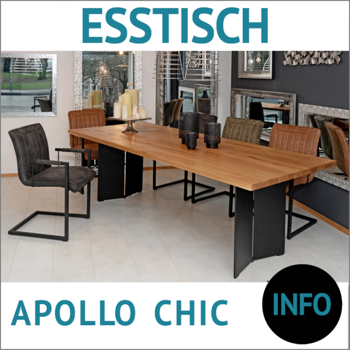 Esstisch Eiche massiv, Massivholz Platte APOLLO, Ureiche massiv, grob geschliffen, Tischuntergestell CHIC, Metall, schwarz