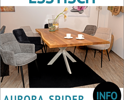 Baumkantentische AURORA, Balkeneiche massiv mit Baumkante, Tischgestell SPIDER, Metall, weiß, Stuhl JOEL