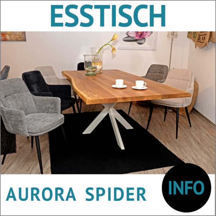 Baumkantentische AURORA, Balkeneiche massiv mit Baumkante, Tischgestell SPIDER, Metall, weiß, Stuhl JOEL