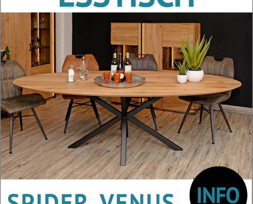 Tischgestell SPIDER, Metall schwarz, Esstischplatte VENUS, Balkeneiche massiv, Stuhl JULIANE