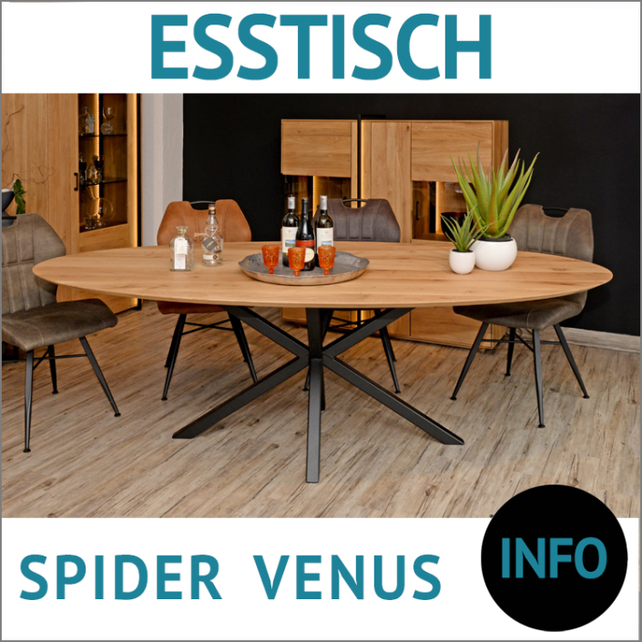 Tischgestell SPIDER, Metall schwarz, Esstischplatte VENUS, Balkeneiche massiv, Stuhl JULIANE