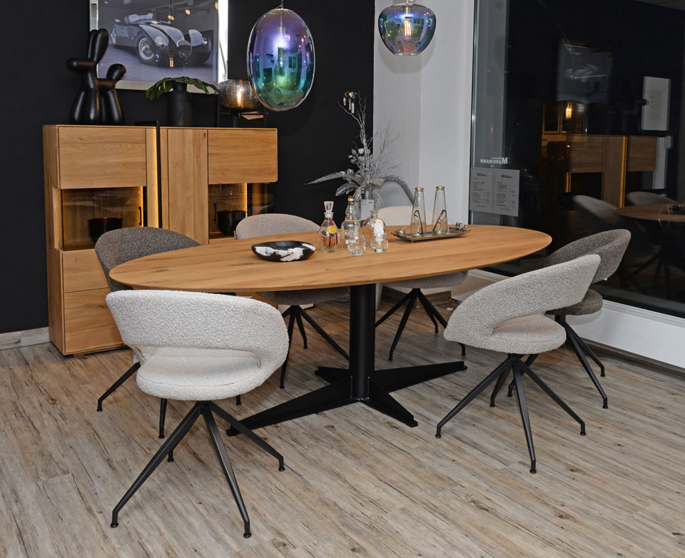 Esstisch oval Massivholz VENUS, Schweizer Kante, Wildeiche, Untergestell SPIDER, Rohstahl pulverbeschichtet, Wohnzimmermöbel LUMBER, Massivholz, Wildeiche, Esszimmer Stuhl JASPER Esstisch oval Massivholz VENUS, Schweizer Kante, Wildeiche, Untergestell SPIDER, Rohstahl pulverbeschichtet, Wohnzimmermöbel LUMBER, Massivholz, Wildeiche, Esszimmer Stuhl JASPER