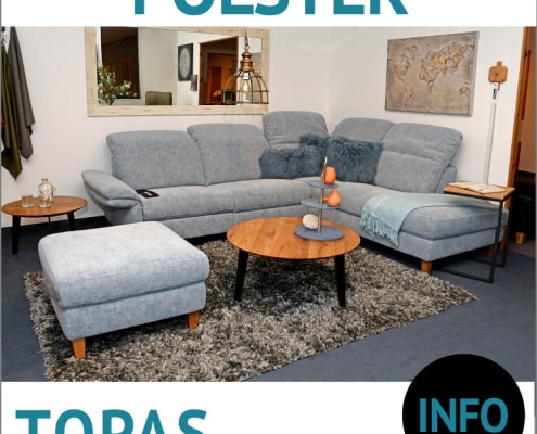 Ecksofa mit Relaxfunktion TOPAS mit Hocker, runder Couchtisch CARNA und LUNA, beide Balkeneiche massiv, Untergestell Metall schwarz