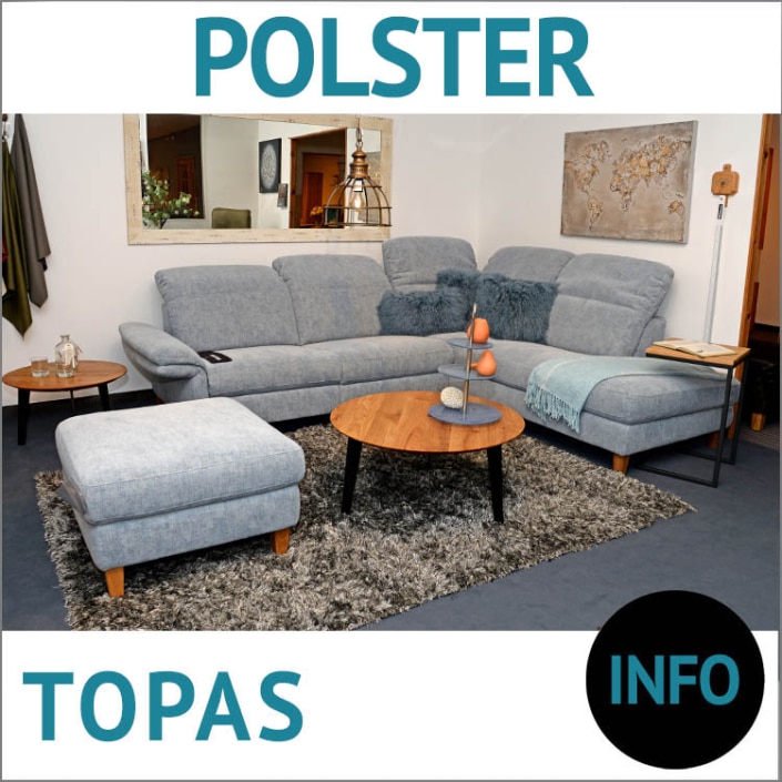 Ecksofa mit Relaxfunktion TOPAS mit Hocker, runder Couchtisch CARNA und LUNA, beide Balkeneiche massiv, Untergestell Metall schwarz