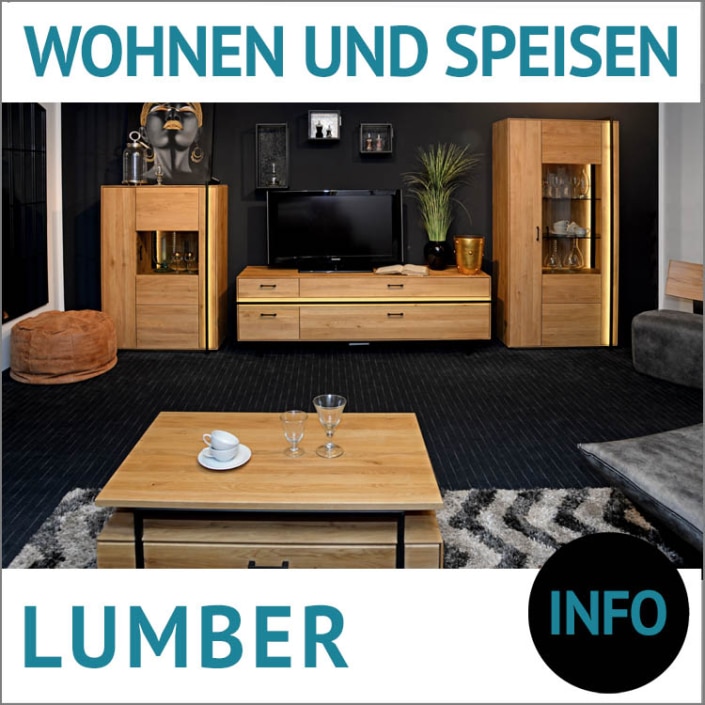 Wohnwand modern Holz LUMBER, Eiche massiv, roheffekt geölt, Front- und Rückwandbeleuchtung, Highboard, TV-Lowboard, Vitrine, Couchtisch