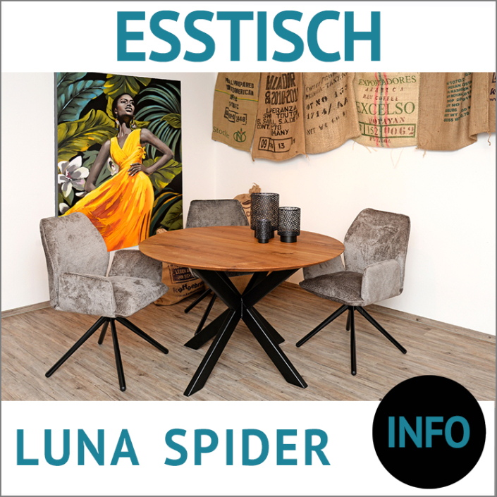 Esstisch rund Massivholz LUNA und Tischgestell SPIDER III, Stuhl JULY 927