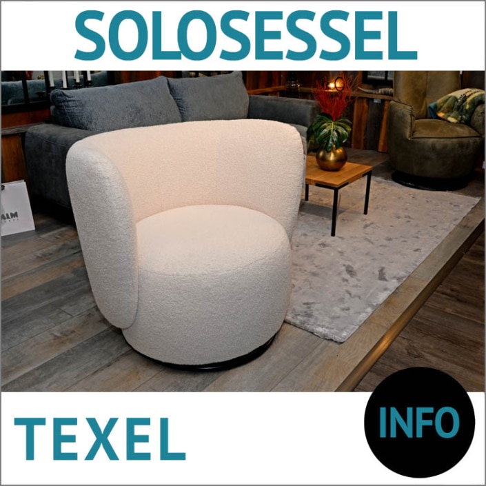 weißer Sessel TEXEL, drehbar, Bezug Bouclé, Sofa GLEN, Relaxsessel ROCA, Couchtisch POEL, Eiche massiv