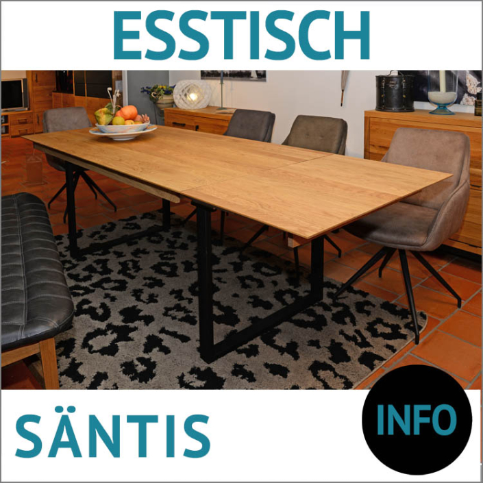 Esstisch Massivholz ausziehbar SÄNTIS, Schweizer Kante, breite Lamellen, Untergestell schwarz matt, Tischsofa NEBA, Esstisch Stühle SIR