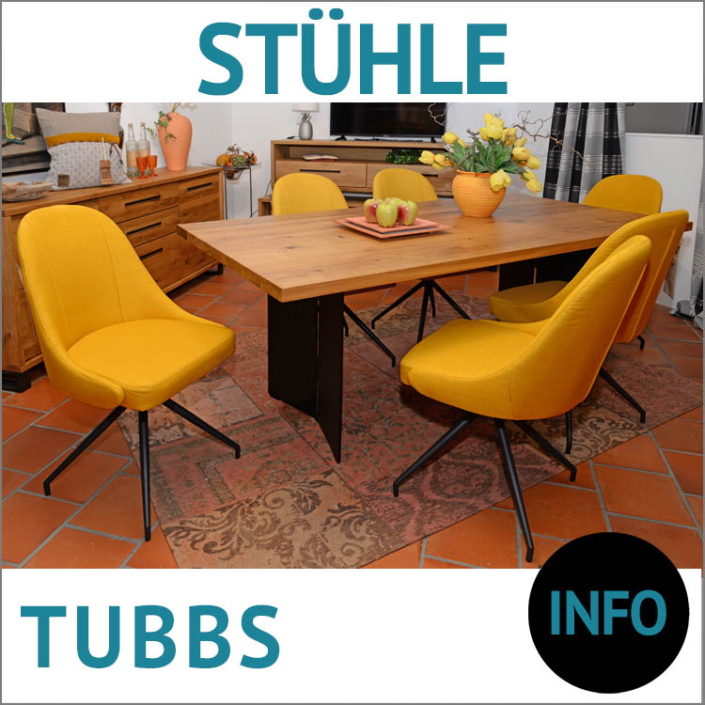 moderne Stühle Esszimmer TUBBS, drehbar, schwarzes Spider-Untergestell, Esstisch Massivholz Platte APOLLO, Tisch-Untergestell CHIC, Wohnprogramm JAZZ, Balkeneiche massiv