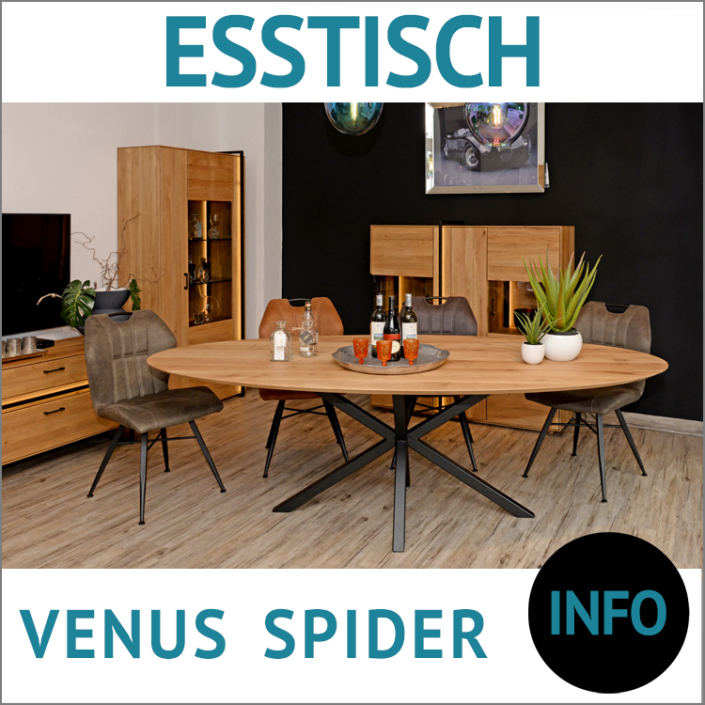 Esstisch oval Massivholz VENUS, Schweizer Kante, Wildeiche, Tischgestell SPIDER, Rohstahl pulverbeschichtet, Wohnzimmermöbel LUMBER, Massivholz, Wildeiche