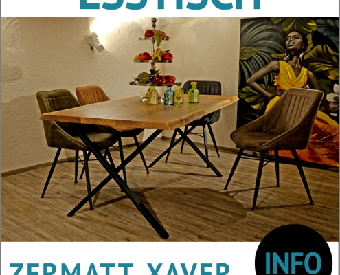 Esstisch mit Baumkante, Massivholzplatte ZERMATT, Tischuntergestell XAVER, Rohstahl, schwarz pulverbeschichtet, Esszimmer Stühle RON