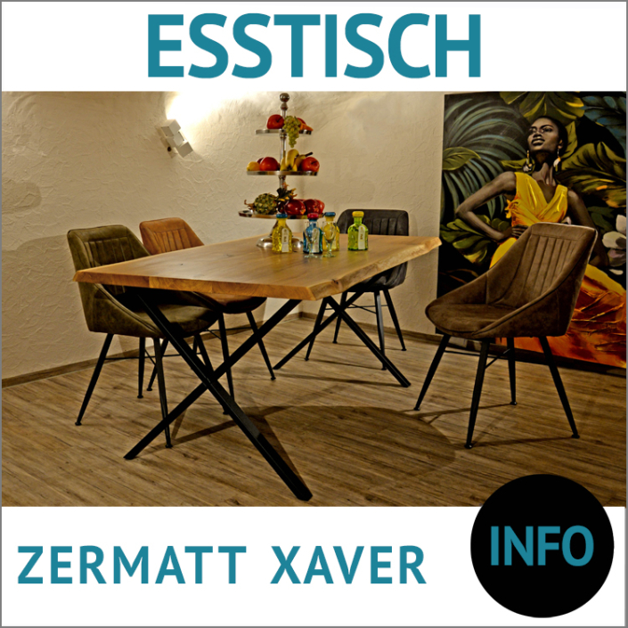 Esstisch mit Baumkante, Massivholzplatte ZERMATT, Tischuntergestell XAVER, Rohstahl, schwarz pulverbeschichtet, Esszimmer Stühle RON