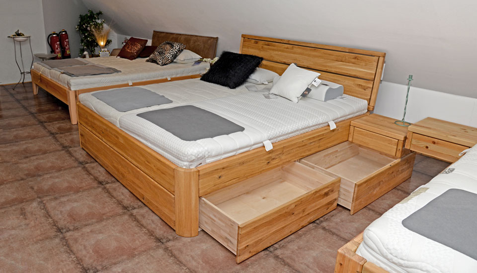 Bett mit Stauraum SYSTEMBETT, verschiedene Holzarten verfügbar, mit oder ohne Schubläden