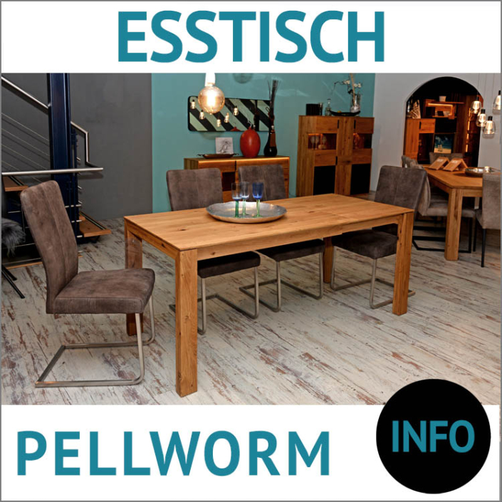 Massivholztisch,, ausziehbar Pellworm, Schweizer Kante, Wildeiche massiv, Natur, geölt, Farbton Proterra, Stühle Esstisch METZ