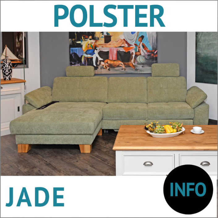 Sofa mit Relax-Funktion JADE mit Maxi Longchair, Couchtisch und Sideboard PROVENCE, Birke/MDF, weiss lackiert, Deckplatte massive Eiche