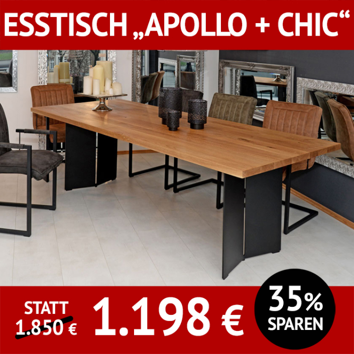 Esstisch Massivholz, Tischplatte aus Ureiche APOLLO, Tischuntergestell aus Rohstahl CHIC