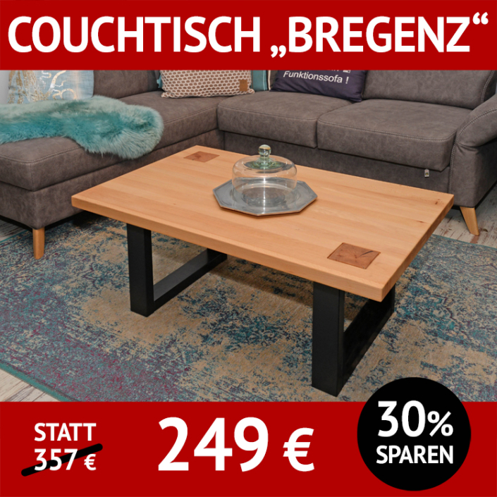 Couchtisch aus Massivholz BREGENZ, Kernbuche massiv, geölt, Hirnholzeinsätze, Kufen schwarz lackiert, Eckgarnitur BERGEN