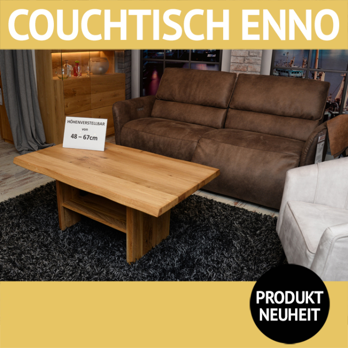 Höhenverstellbarer Couchtisch ENNo, Wildeiche, massiv, geölt, mit Baumkante