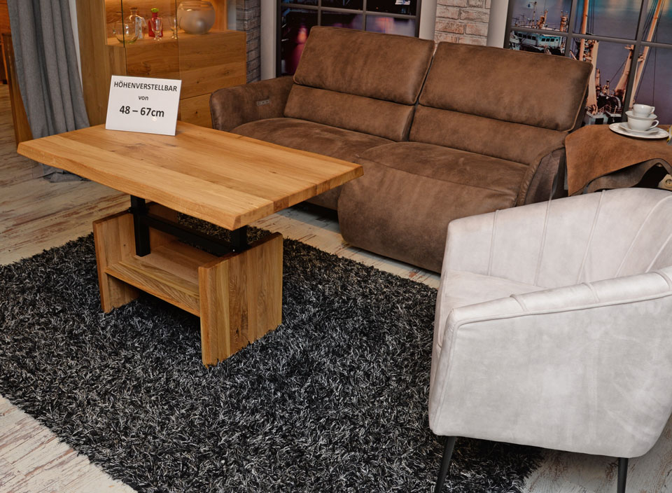 Höhenverstellbarer Couchtisch ENNo, Wildeiche, massiv, geölt, mit Baumkante Höhenverstellbarer Couchtisch ENNo, Wildeiche, massiv, geölt, mit Baumkante