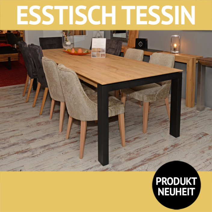 Esstisch TESSIN, Wildeiche massiv, Roheffekt geölt, mit 2 Klappeinlagen