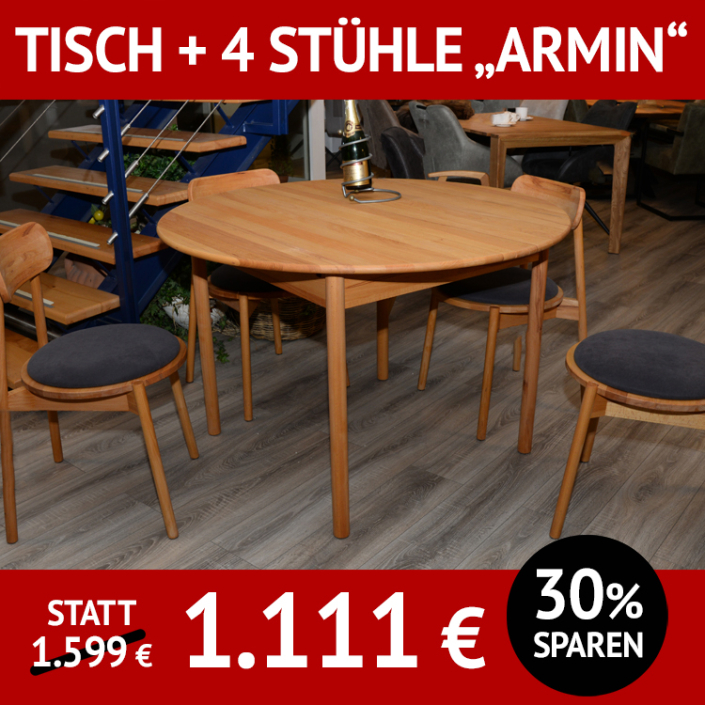 Esstisch ARMIN und 4 Stühle ADRIANO, Kernbuche, Tisch: rund, ausziehbar