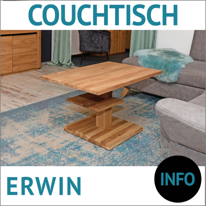 Höhenverstellbarer Couchtisch ERWIN, Massivholz Wildeiche, Lift Metall, silber, mit Ablageplatte und Rollen,