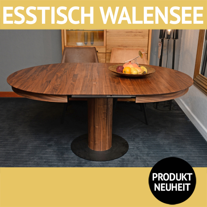Esstisch WALENSEE, Nußbaum massiv, rund auf oval ausziehbar